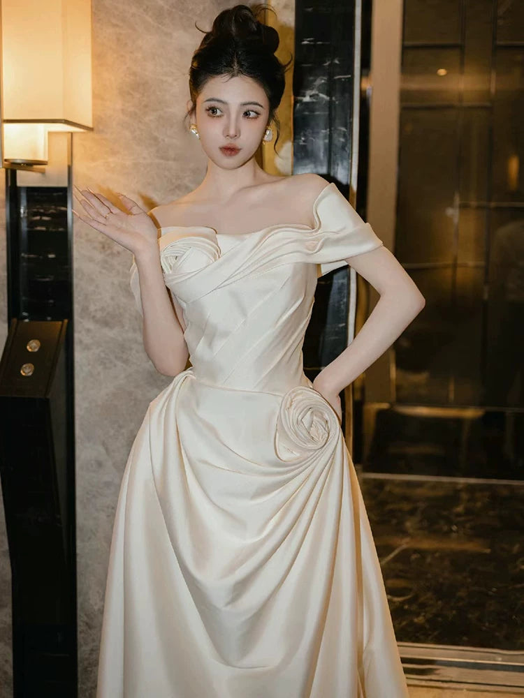 Whimsical Off-Shoulder A-Line Wedding Dress Handmade Flowers Satin Bridal Dress AP6986