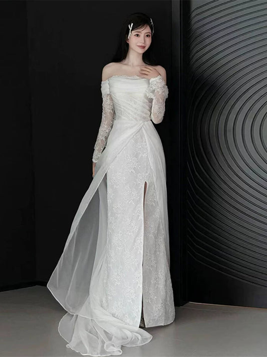 Custom Off-Shoulder Sheath Slit Wedding Dress Long Sleeve Lace Bridal Outfit AP6988