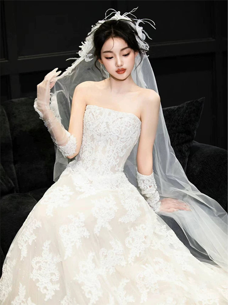 Romantic Strapless A-Line Wedding Dress With Sleeves Appliques Tulle Bridal Dress AP6989