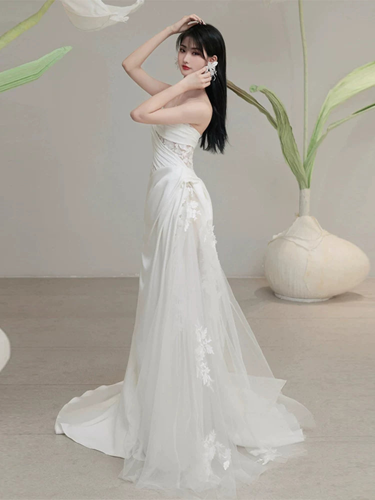 Classical One Shoulder A-Line Wedding Dress With Veil Tulle Appliques Bridal Dress AP6997