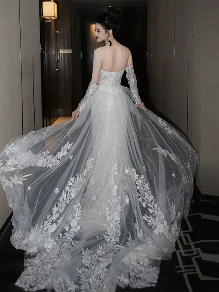 Sweet Strapless Mermaid Wedding Dress With Sleeve Lace Appliques Sequins Bridal Dress AP6998