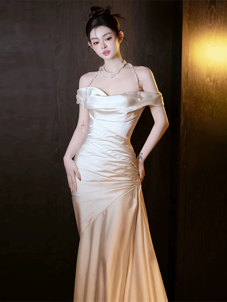 Cute Mermaid Off-Shoulder Wedding Dress Satin Bridal Dress AP6999