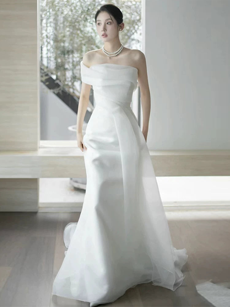 Ethereal Satin Tulle Mermaid Wedding Dress Off-Shoulder Bridal Outfit AP7003