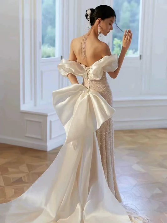 Gorgeous Off-Shoulder Mermaid Wedding Dress With Bow Train Beading Sequins Bridal Outfit AP7006