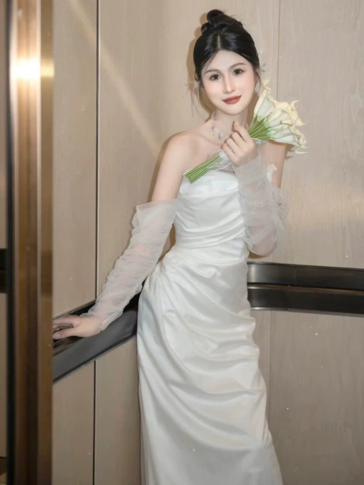 Glam Off-Shoulder Long Sleeve Wedding Dress Tulle Satin Mermaid Bridal Outfit AP7007