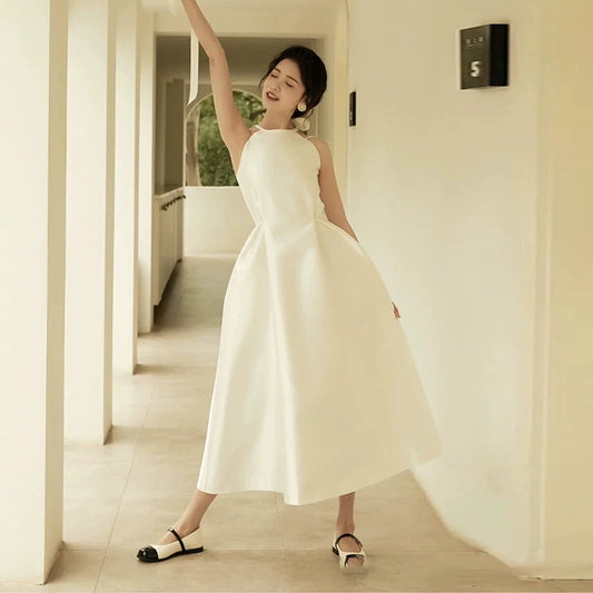 Flowy Halter Neck White Wedding Dress Bows A-Line Bridal Dress AP7016
