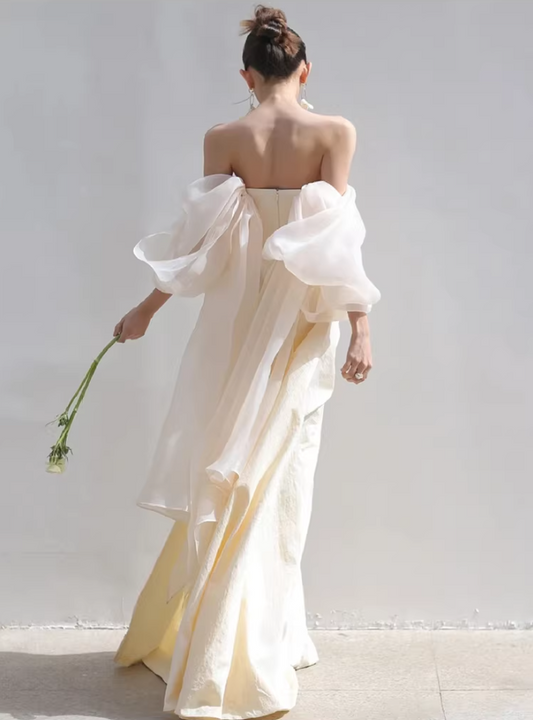 Adorable Tulle Off-Shoulder Prom Dress Satin Slit Mermaid Evening Dress AP7017
