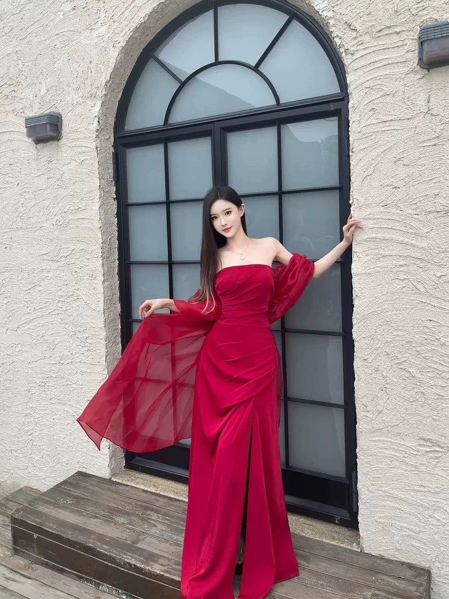 Adorable Tulle Off-Shoulder Prom Dress Satin Slit Mermaid Evening Dress AP7017
