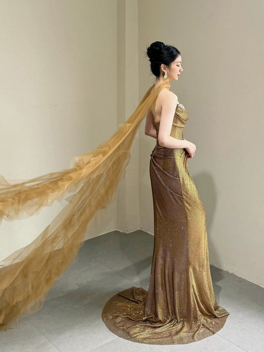 Attractive Strapless Gold Prom Dress With Scarf Beaded Sequins Mermaid Formal Dress AP7023