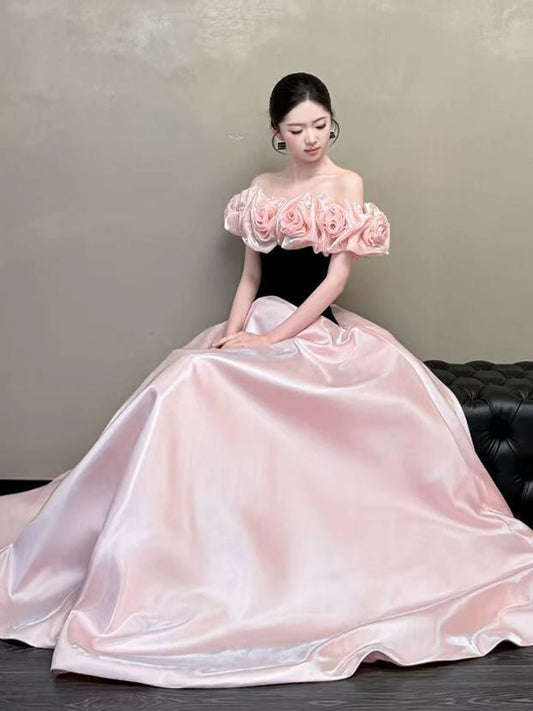 Vogue Black & Pink Off-Shoulder Prom Dresses Beads Appliques A-Line Evening Gowns AP7026