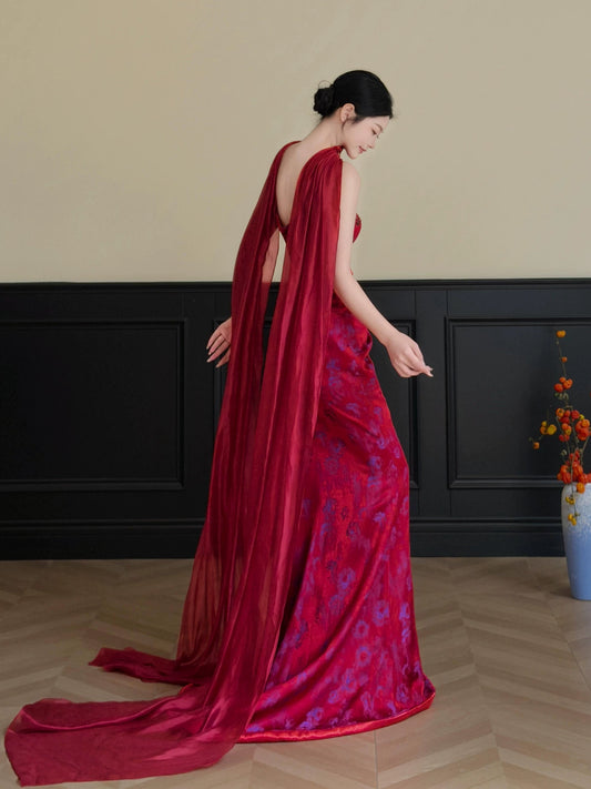 Glittering Strapless Red Prom Dress With Scarf Jacquard Sequins Mermaid Formal Dress AP7027