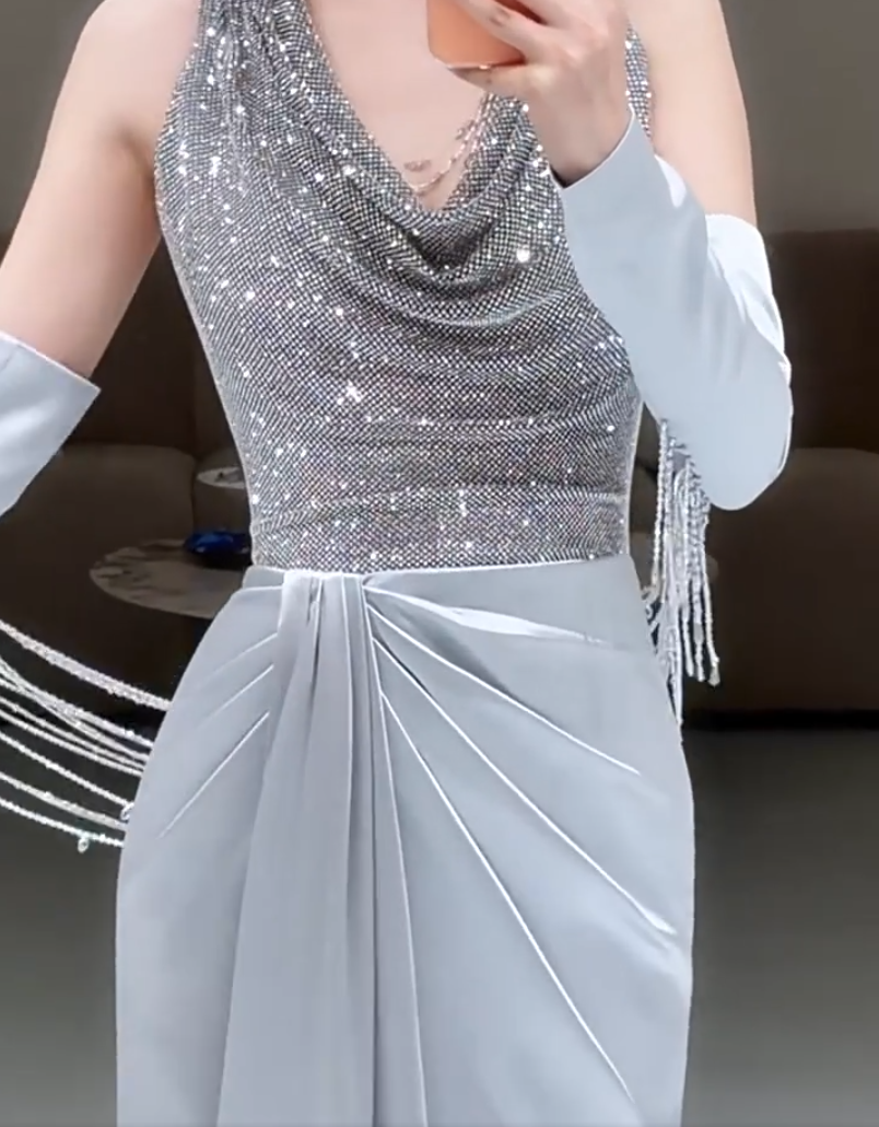 Princess Halter Neck Blue Satin Prom Dress With Beading Sleeves Sequins Mermaid Evening Dress AP7029