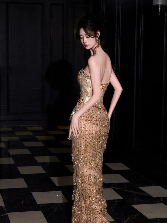 Dramatic Strapless Gold Tiered Prom Dress Crystals Sequins Sheath Formal Dress AP7030