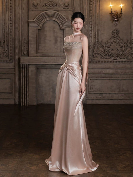 Gen Z Style Strapless A-Line Satin Pink Prom Dress With Scarf Sequins Beaded Formal Dress AP7035