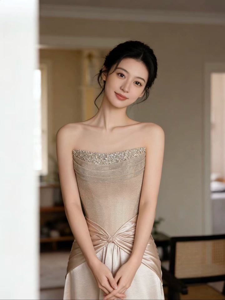 Gen Z Style Strapless A-Line Satin Pink Prom Dress With Scarf Sequins Beaded Formal Dress AP7035