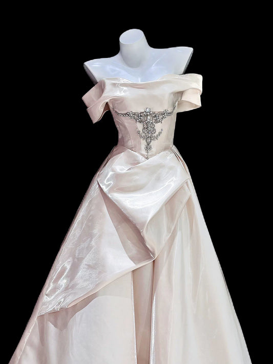 New Tendency Off-Shoulder A-Line Prom Dress Ideas Beaded Satin Formal Dress AP7039