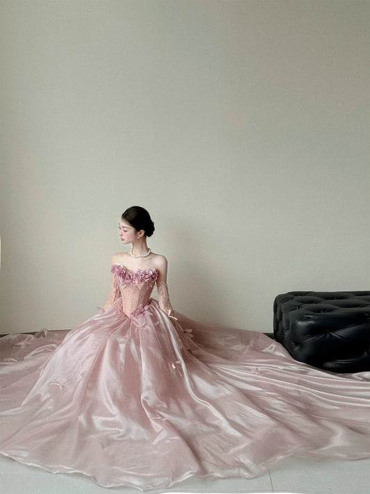 Exquisite Strapless Lace Bodice Pink Prom Dress With Sleeves Appliques Bows A-Line Formal Gowns AP7042