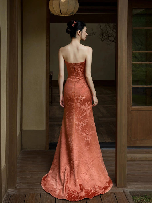 Boho Style Strapless Mermaid Slit Prom Dress Orange Appliques Jacquard Formal Dress AP7043