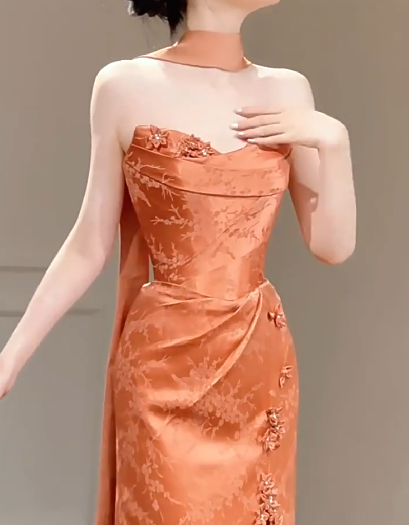 Boho Style Strapless Mermaid Slit Prom Dress Orange Appliques Jacquard Formal Dress AP7043