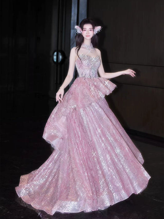Beautiful A-Line Beaded Pink Prom Dress Strapless Sequins Ruffles Evening Gowns AP7046