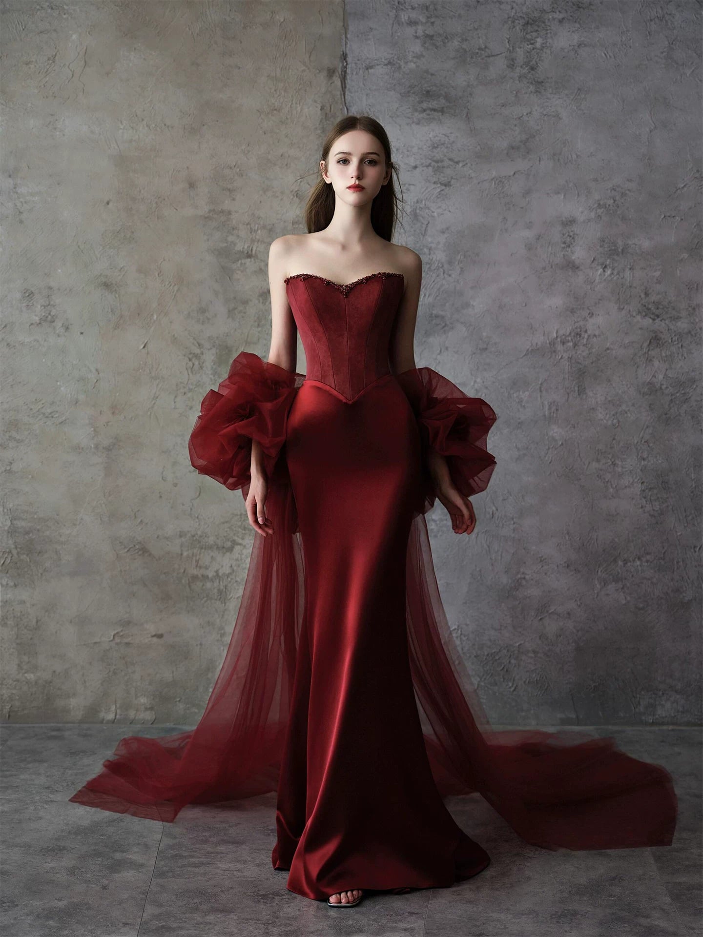 Amazing Strapless Beads Prom Dress With Shawl Burgundy Mermaid Formal Dress AP7050