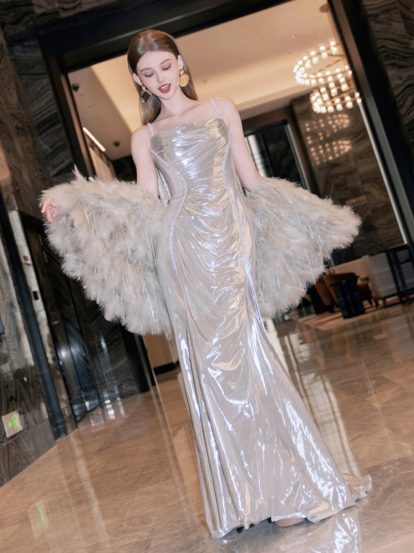 Eye-Catching Spaghetti Straps Champagne Prom Dresses With Shawl Mermaid Evening Dress AP7059