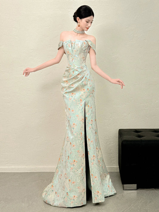 Sleek Off-Shoulder Sequins Slit Prom Dress With Scarf Floral Mermaid Formal Dress AP7061