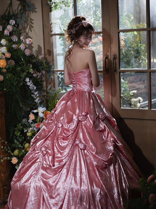 Victorian-Inspired A-Line Appliques Pink Prom Dress Beaded Halter Neck Evening Gowns AP7063