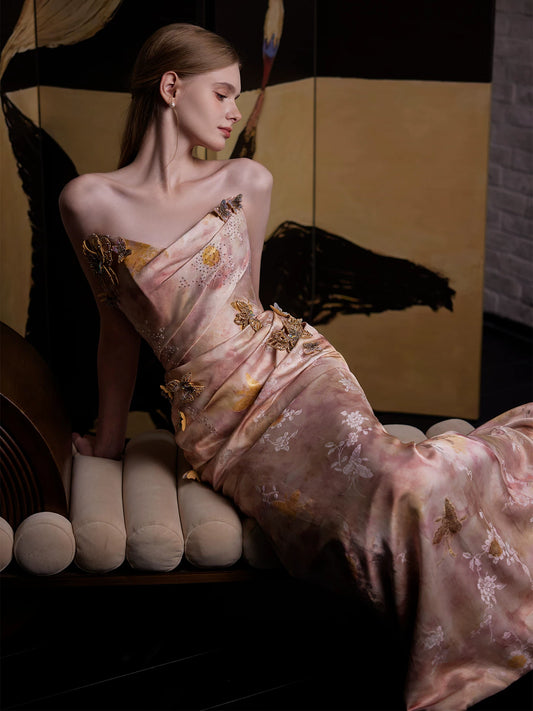 Lustrous Strapless Appliques Pink Prom Dress Jacquard Beads Sheath Formal Dress AP7065