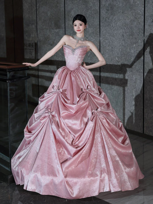 Romantic Strapless Pink Prom Dress Bow Beading A-Line Formal Dress AP7072