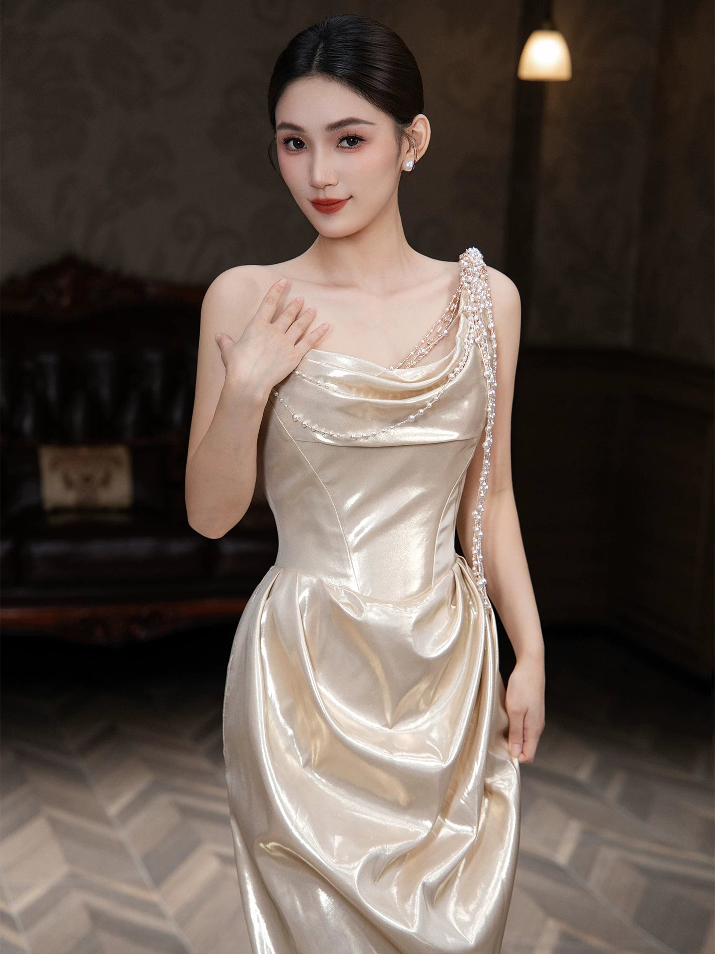 Fabulous One Shoulder Satin Prom Dress Beading Sheath Evening Dress AP7074