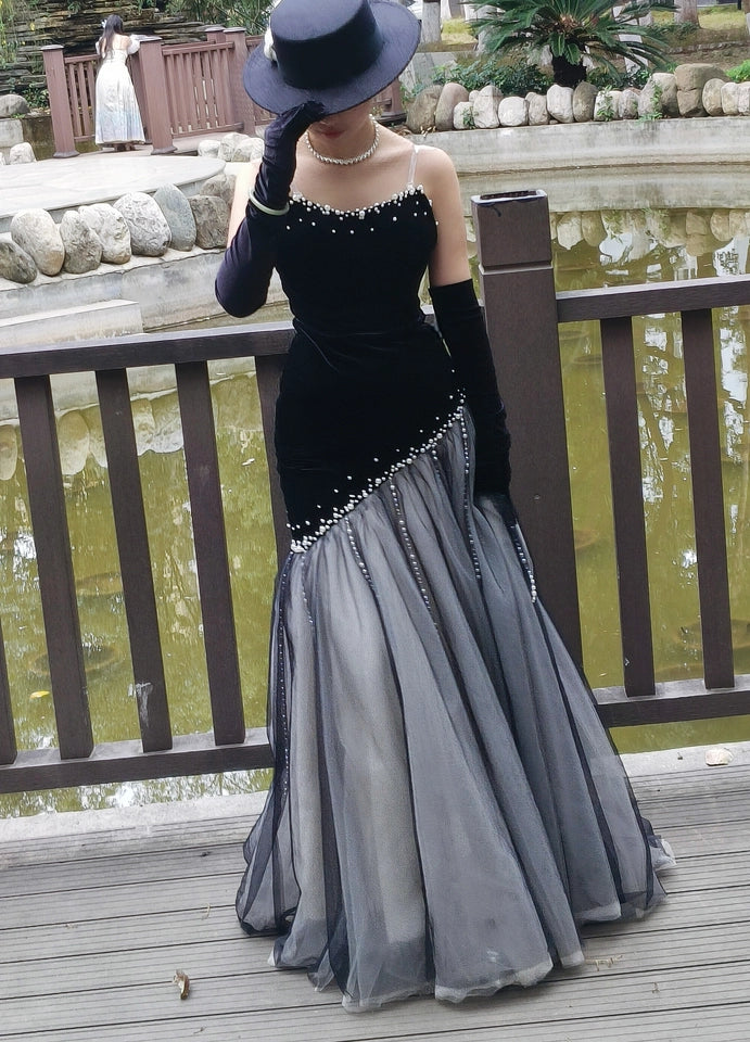 Luxurious Strapless Black Mermaid Prom Dress Beads Tulle Formal Dress AP7076