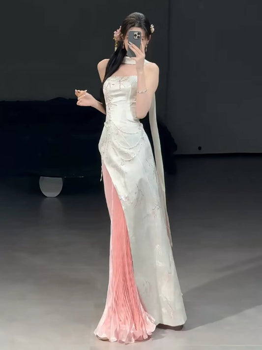 Graceful Strapless Pleated Pink Prom Dress Jacquard Beading Sequins A-Line Evening Dress AP7078