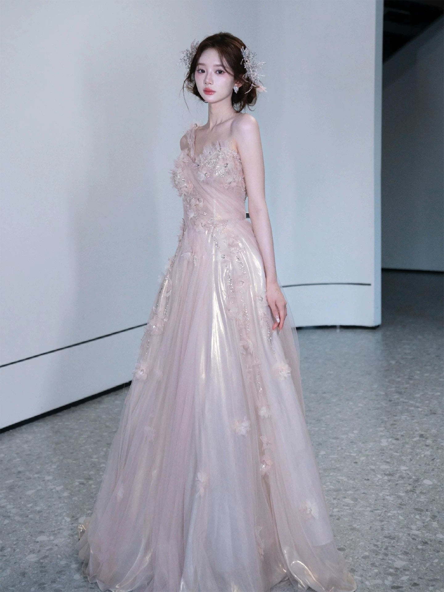 Sweet One Shoulder A-Line Prom Dress Appliques Sequins Tulle Evening Dress AP7081