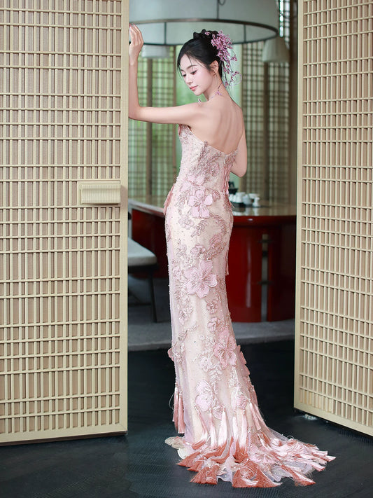 Glam Strapless Sheath Pink Prom Dress Sequins Appliques Tassel Sheath Evening Dress AP7093