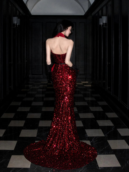 Glamorous Halter Neck Red Prom Dress Ruffles Sequins Mermaid Evening Dress AP7094