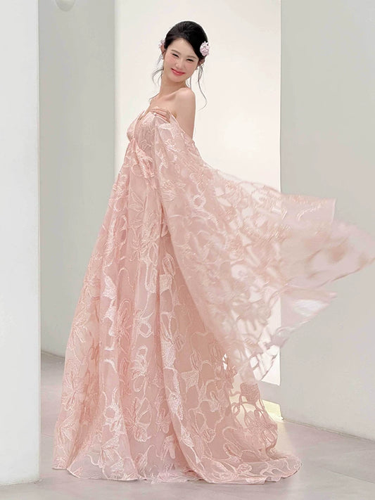 Trendy Off-Shoulder Floral Pink Prom Dress Long Sleeve A-Line Evening Outfit Sequins Formal Dress AP7110