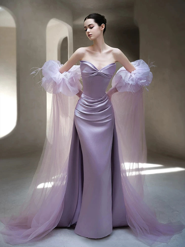 Attractive Strapless Purple Prom Dress Satin Bow Mermaid Evening Dress AP7114