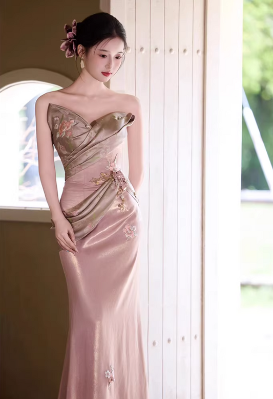 Vogue Strapless Pink Prom Dress Satin Appliques Beads Mermaid Evening Dress AP7115