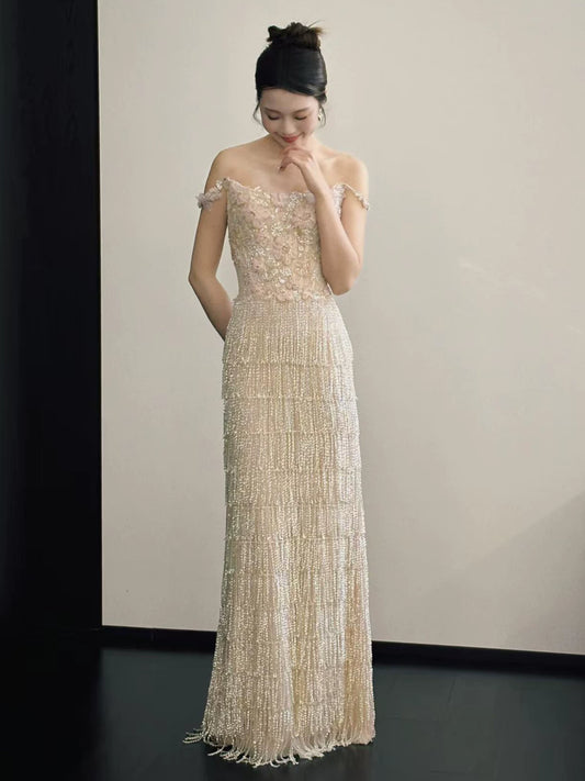 Fairy Spaghetti Strap Appliques Prom Dress Tassel Sequins Sheath Evening Dress AP7127