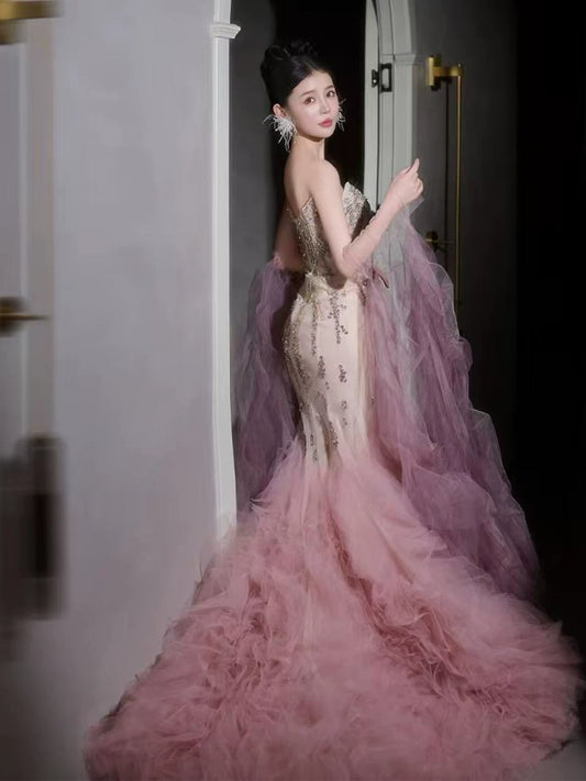 Lovely Strapless Mermaid Ruffled Prom Dress With Sleeves Pink Tulle Beading Sequins Formal Dress AP7131