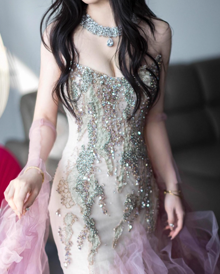 Lovely Strapless Mermaid Ruffled Prom Dress With Sleeves Pink Tulle Beading Sequins Formal Dress AP7131