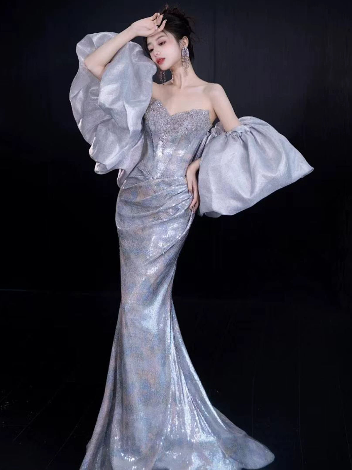 Superb Mermaid Strapless Blue Prom Dress Sequins Beading Formal Dress AP7135