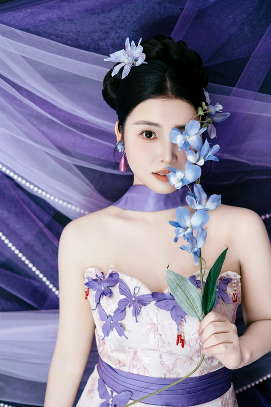 Wonderful Strapless Sheath Purple Prom Dress With Scarf Appliques Beads Evening Dress AP7136