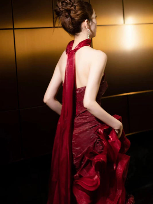 Appealing Strapless Ruffles Red Prom Dress Appliques A-Line Evening Dress With Scarf AP7138