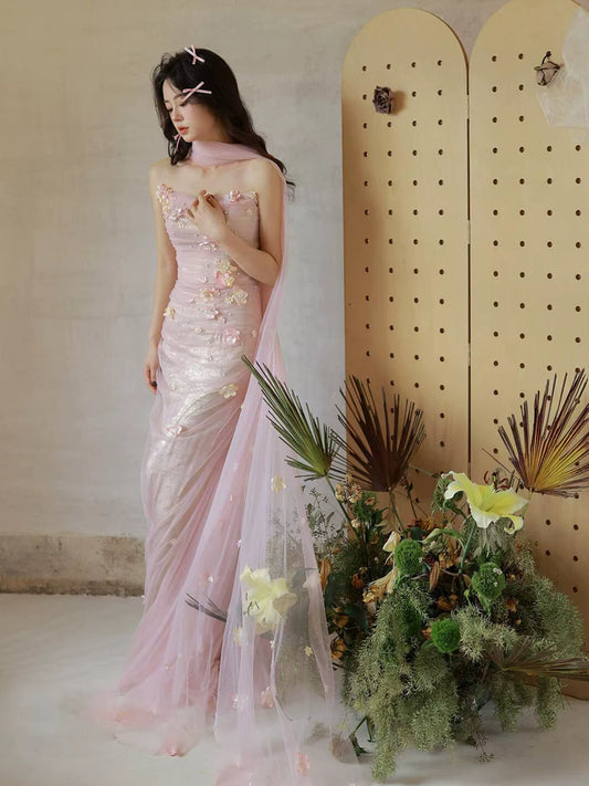 Fresh Strapless Sheath Pink Prom Dress With Scarf Appliques Tulle Evening Dress AP7145