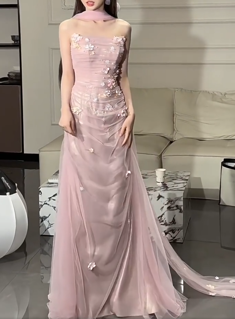 Fresh Strapless Sheath Pink Prom Dress With Scarf Appliques Tulle Evening Dress AP7145