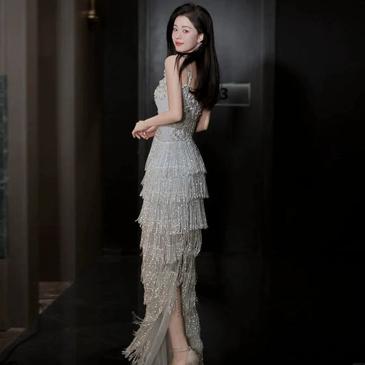 Cozy Spaghetti Strap Slit Silver Prom Dress Beading Tassel Sheath Evening Dress AP7148