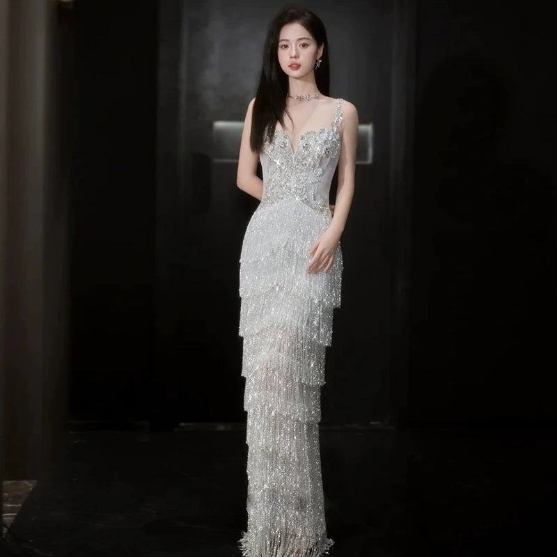 Cozy Spaghetti Strap Slit Silver Prom Dress Beading Tassel Sheath Evening Dress AP7148