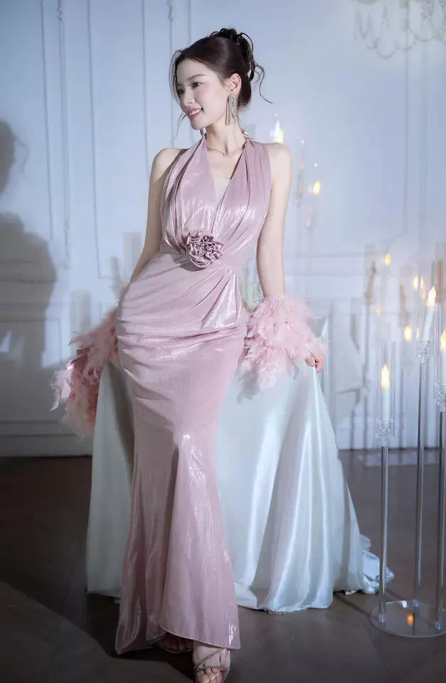 Victorian-Inspired Halter Neck Pink Prom Dress With Shawl Satin Appliques Mermaid Evening Dress AP7149